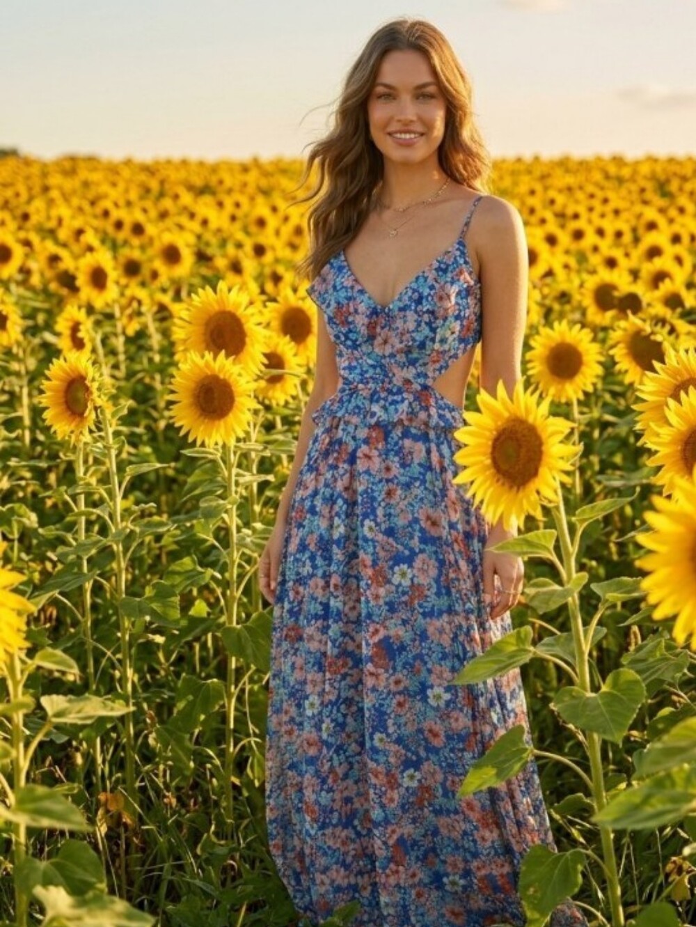 Blue Floral Cutout Maxi Dress - Women's Summer Dress